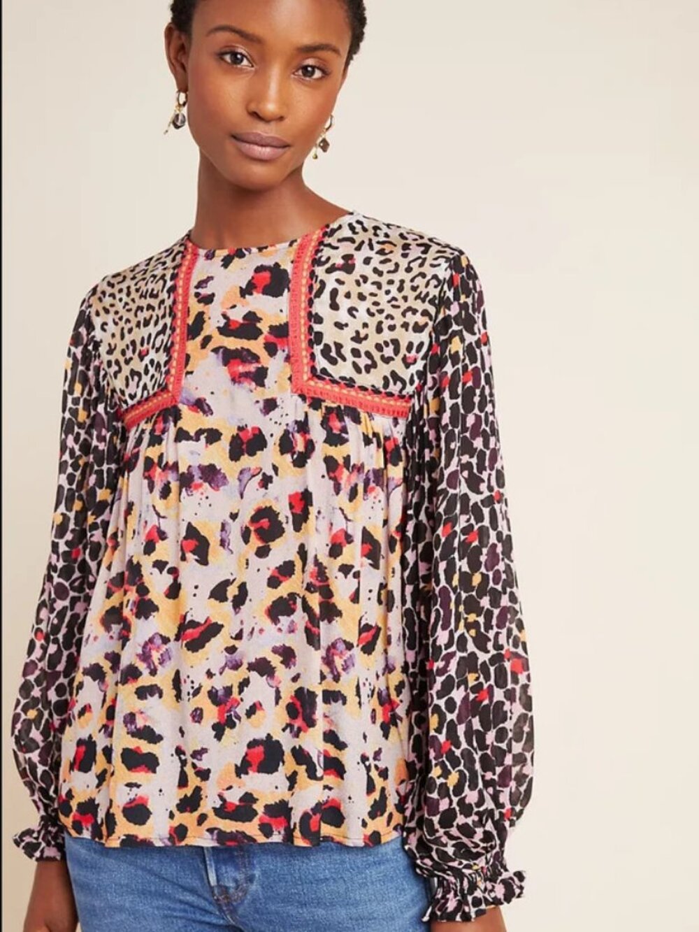 Anthropologie JOELLE LEOPARD PEASANT Blouse XL Blank EUC mixed media Y2K